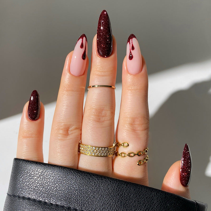 Gothic Glamour Long Stiletto Burgundy and Blush Press On Nail Set with Glitter Drip Design