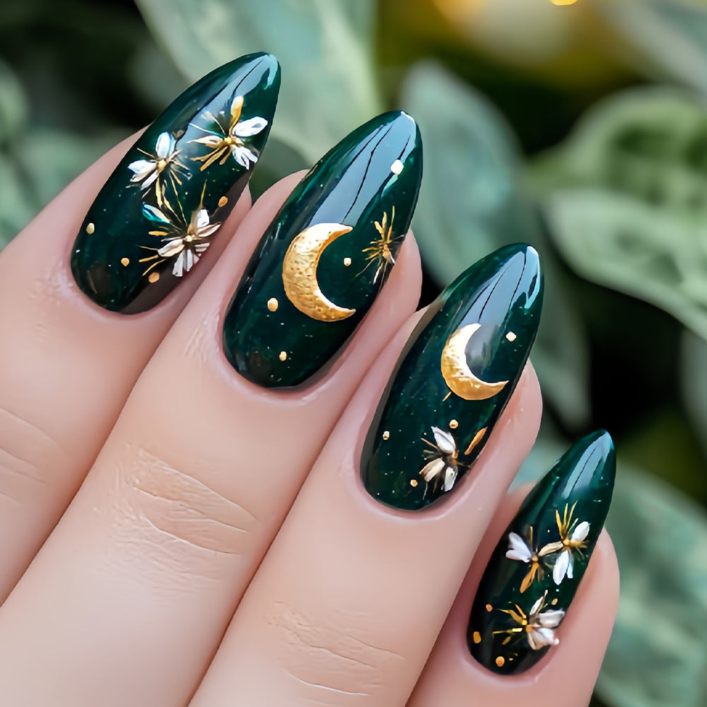 Celestial Nights Long Almond Green Press on Nail Set with Glittering Moon and Floral Accents