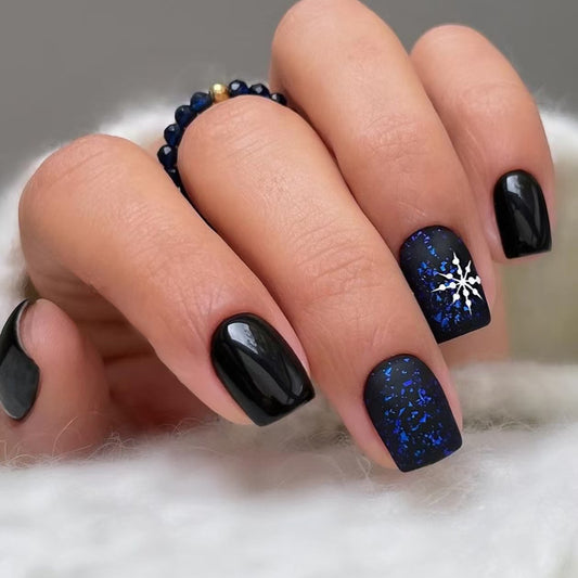 Winter Wonderland Square Short Glossy Black and Blue Foil Nail Set with Elegant Snowflake Accent