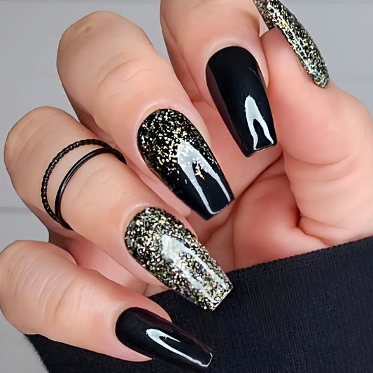 Glamorous Night Sky Long Square Black Glittery Press On Nail Set