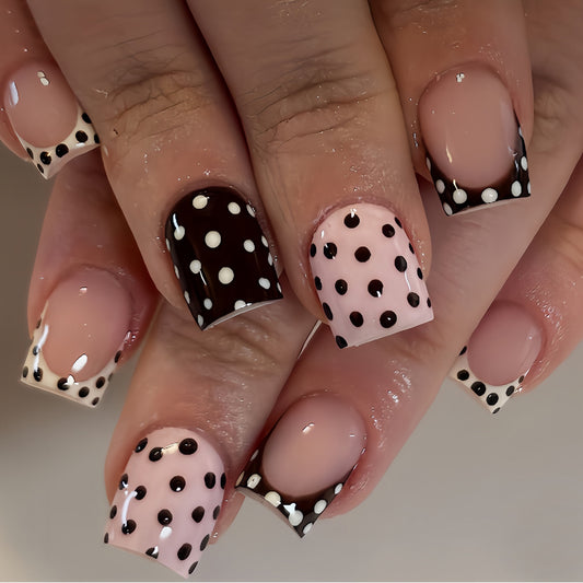 Charming Dots Short Square Natural Pink and Brown with Playful Polka Dots Press On Nail Set