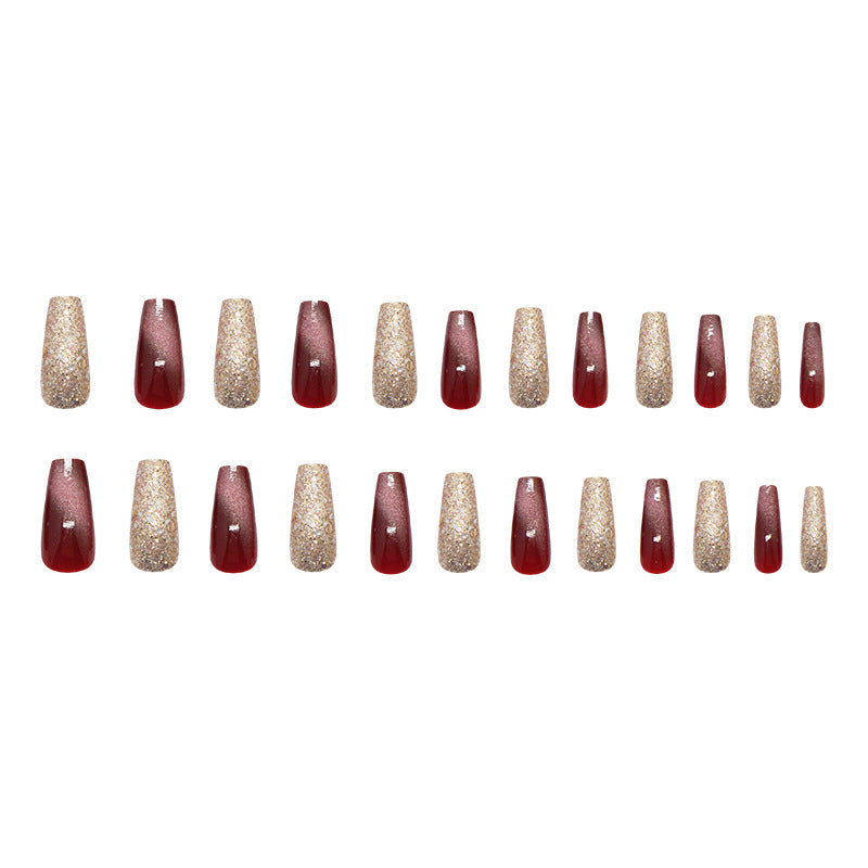 Glamorous Elegance Long Coffin Shaped Crimson Red and Sparkling Gold Press on Nail Set with Rhinestone Accent