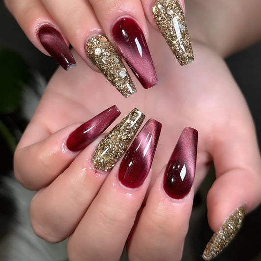Glamorous Evening Elegance Long Coffin Burgundy and Gold Ombré Press-On Nail Set with Glitter Accent