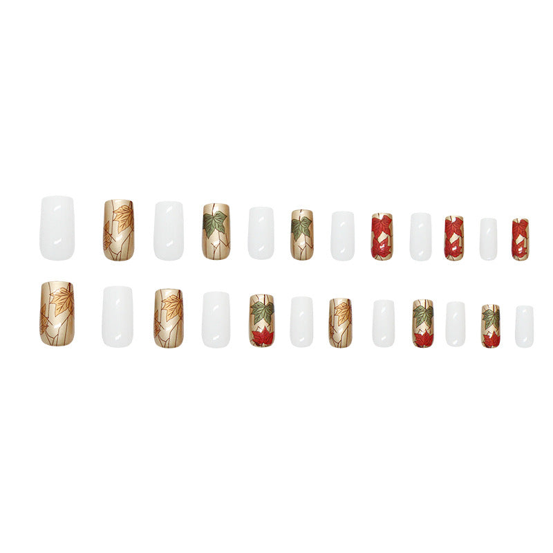Autumn Elegance Long Square Soft White and Gold Leaf Design Press on Nail Set