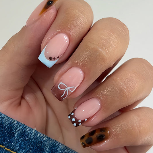 Coffee Shop Vibes Medium Square Natural Pink and Brown with Bow and Polka Dots Press On Nail Set