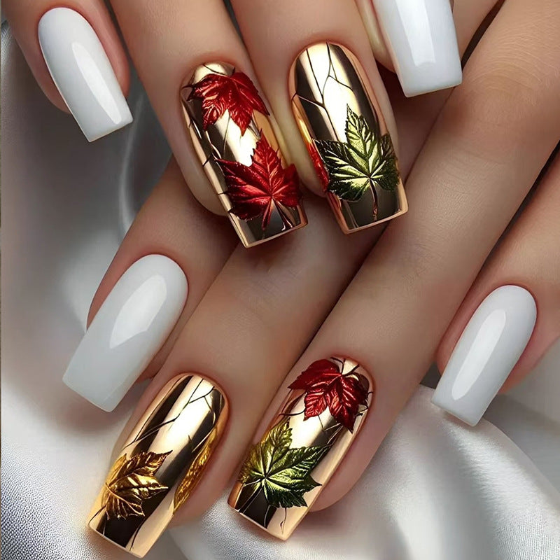 Autumn Elegance Medium Square White and Gold Metallic Leaves Press on Nail Set