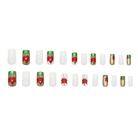Festive Glamour Medium Square White and Gold Nail Press Set with Vibrant Poinsettia Design