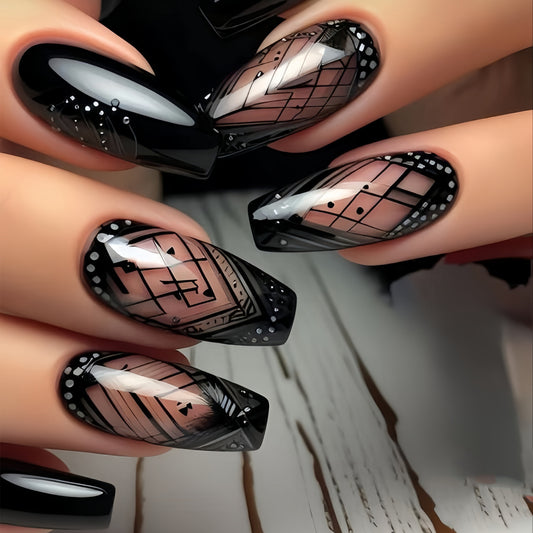 Elegant Evening Medium Coffin Shape Glossy Black with Geometric Design Press on Nail Set