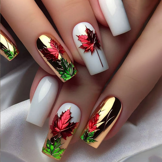 Autumn Elegance Medium Square White and Gold Press On Nail Set with Vibrant Leaf Designs