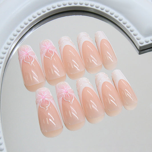 Charming Elegance Long Coffin Pink Ombre Design with Delicate Bow Accents Press On Nail Set