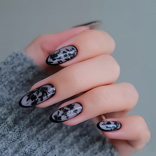 Elegant Enchantment Long Oval Black Transparent Floral Press On Nail Set with Glossy Finish