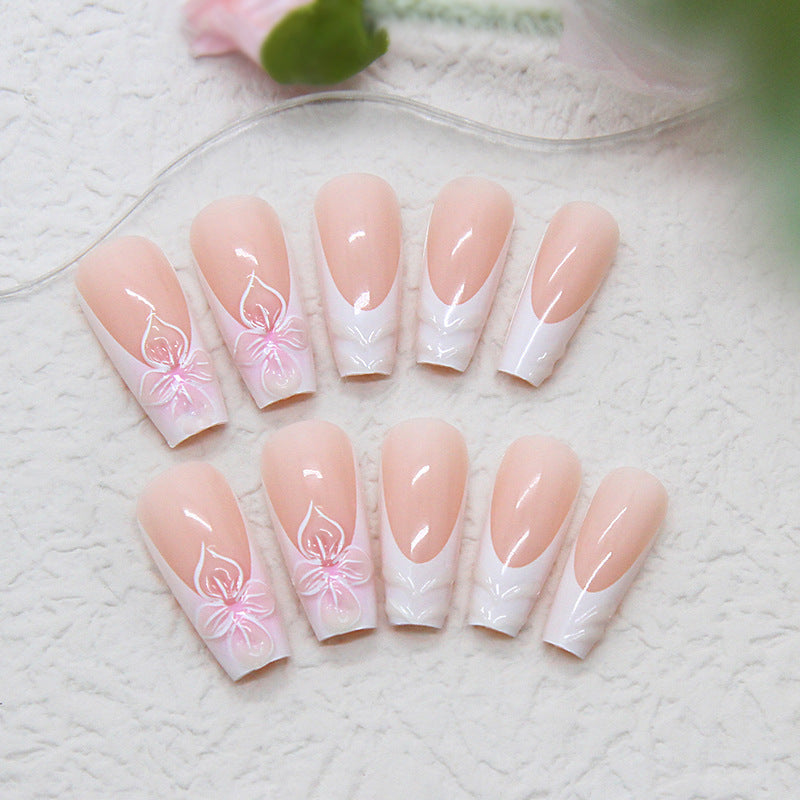 Floral Elegance Long Coffin Pink Nail Set with Delicate Blossom Design