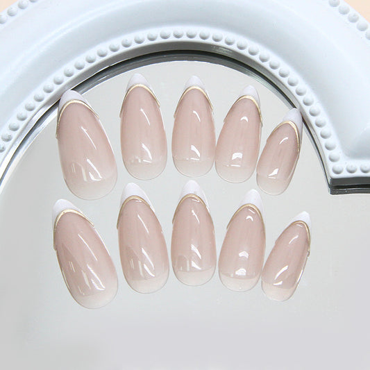 Elegant Chic Medium Almond Shape Soft Pink with Gold Tip Accent Press on Nail Set