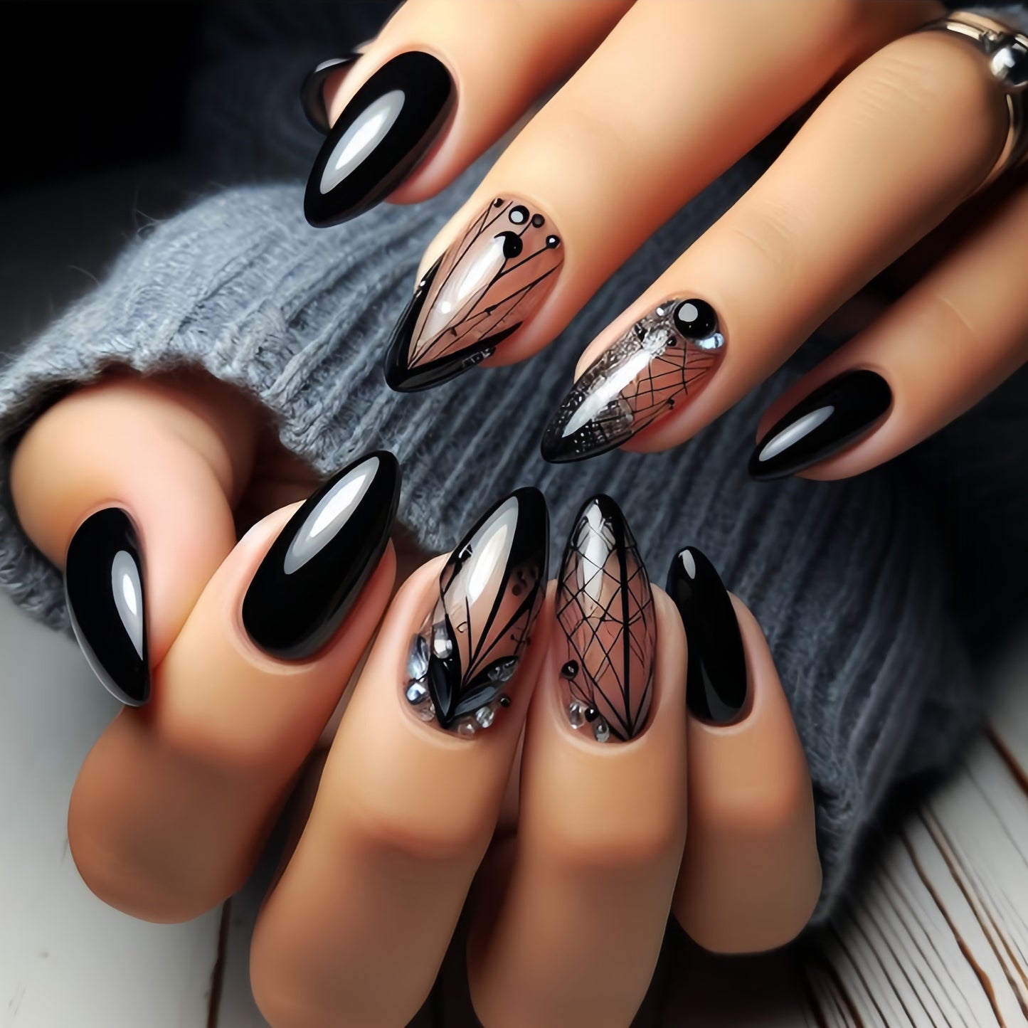 Gothic Elegance Long Almond Black Press On Nail Set with Intricate Silver Detailing