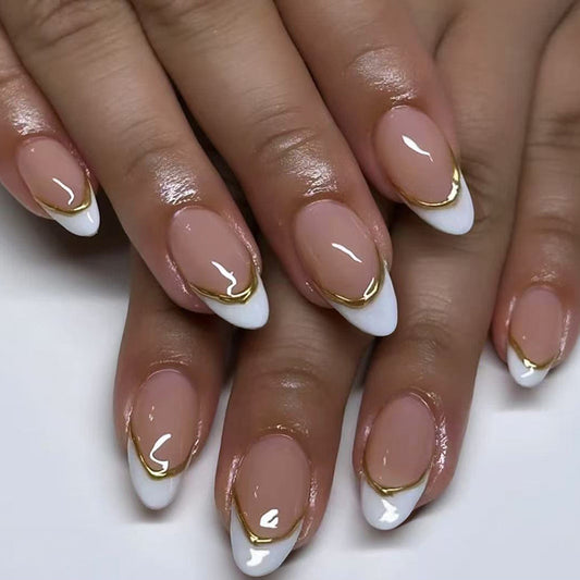 Elegant Winter Wonderland Medium Almond Soft Beige and White with Gold Accent Press on Nail Set