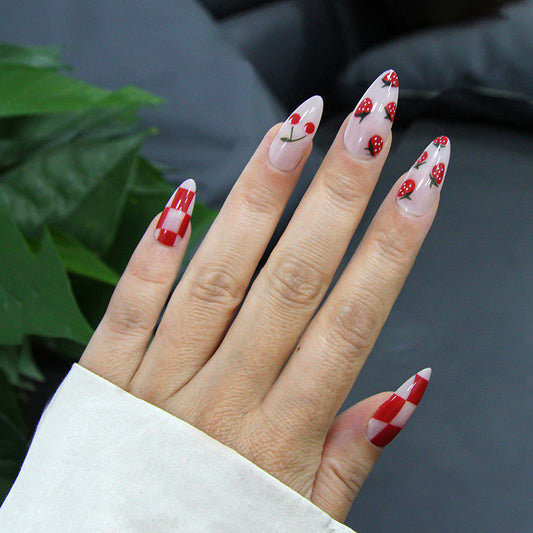 Berry Bliss Stylish Medium Almond Red and White Checkered Nail Set with Cherry Design