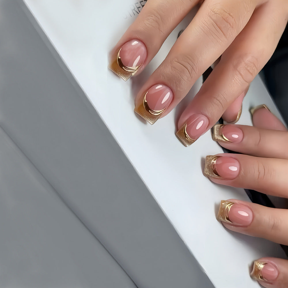 Glamorous Elegance Medium Square Beige with Gold Accents Press On Nail Set
