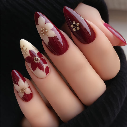 Glamorous Floral Fantasy Long Almond Shaped Burgundy and Cream Press On Nail Set with Intricate Gold Accents
