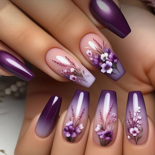 Elegant Floral Fantasy Long Coffin Purple Ombre Press On Nail Set with Intricate Flower Designs