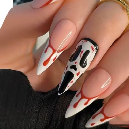 Spooky Halloween Long Stiletto White And Black Press On Nail Set With Blood Drip Design