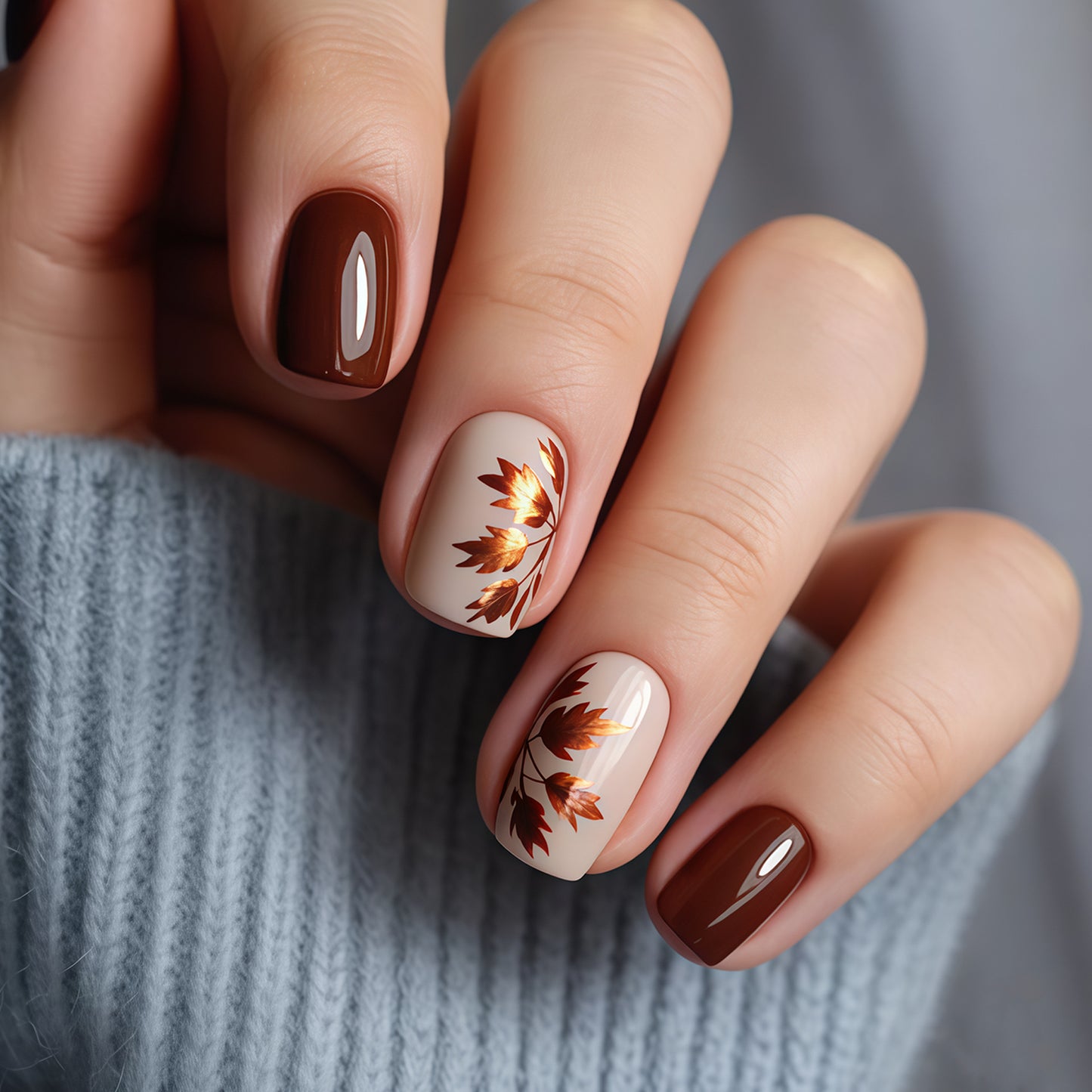 Autumn Elegance Classic Short Square Burgundy and Cream Press On Nail Set with Stunning Foil Leaf Design