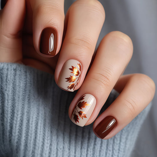 Autumn Elegance Classic Short Square Burgundy and Cream Press On Nail Set with Stunning Foil Leaf Design