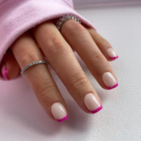 Chic Cantaloupe Short Square Pink Tip Press On Nail Set Featuring Glossy Finish