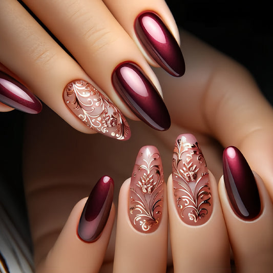 Enchanted Elegance Long Almond Burgundy and Blush Press on Nail Set with Intricate Floral Design