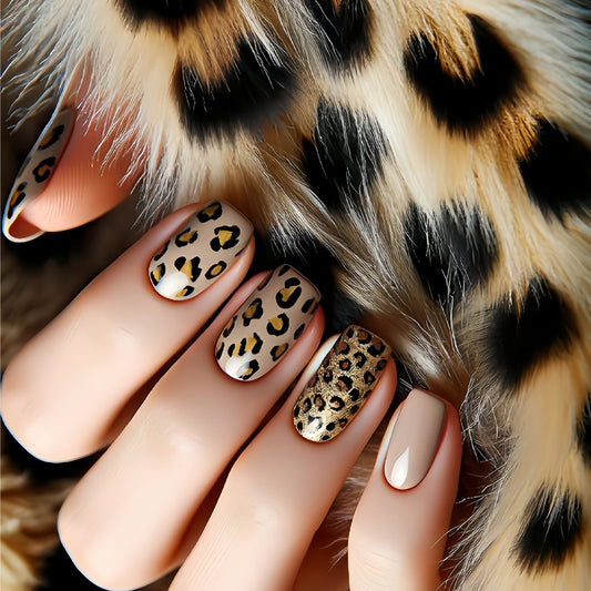 Wild Charm Glossy Short Square Beige Press On Nail Set with Striking Animal Print Design