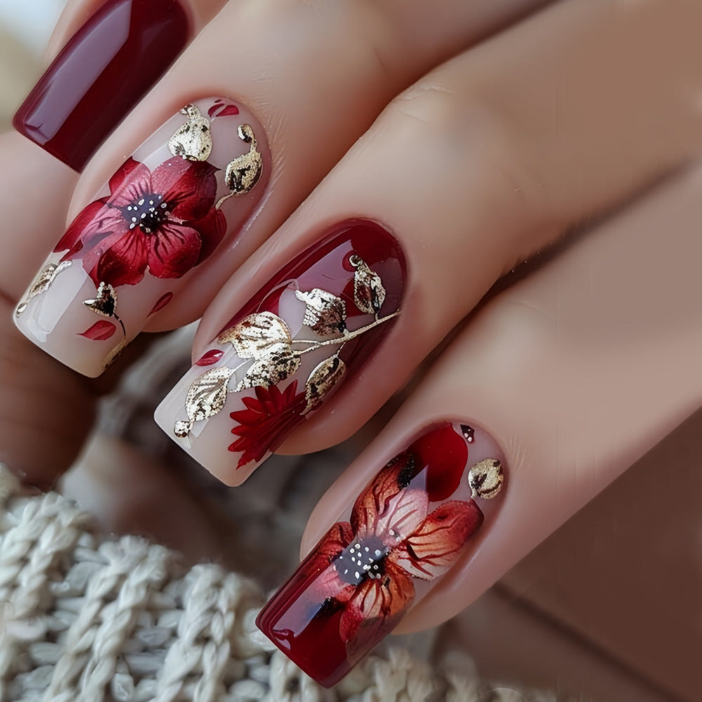 Blooming Elegance Medium Square Burgundy Floral Nail Set with Golden Accents