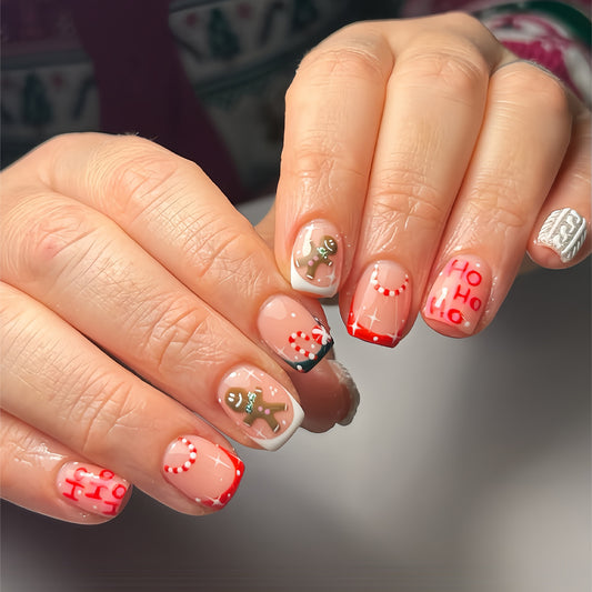 Festive Cheer Short Square Red and Beige Press on Nail Set with Gingerbread and Candy Cane Designs