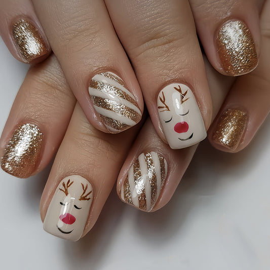 Festive Winter Wonderland Short Square Gold and Cream with Adorable Reindeer Design Press On Nail Set