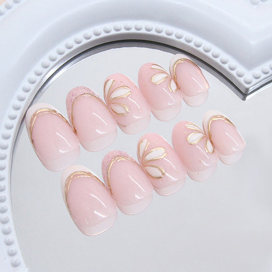 Chic Floral Fantasy Short Oval Pink Press On Nail Set with Elegant Gold Accents