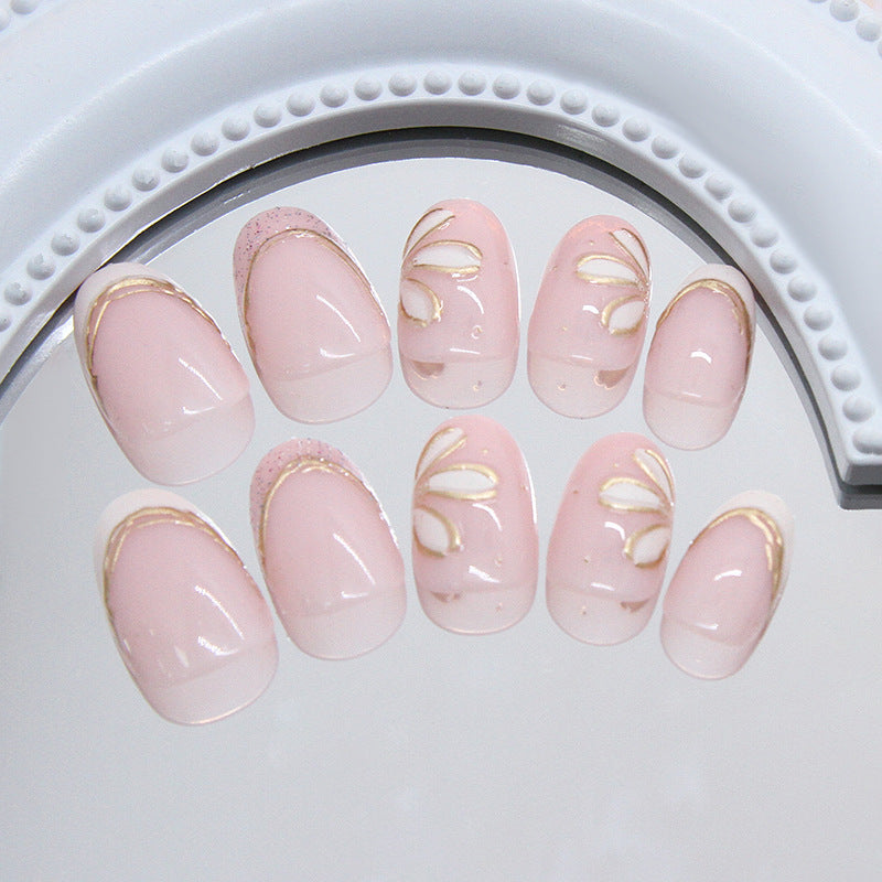 Blossom Elegance Short Oval Soft Pink with Floral Accent Press On Nail Set