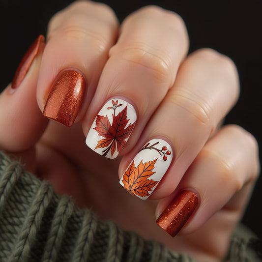 Autumn Vibes Square Short Orange Glitter Press On Nail Set with Beautiful Leaf Designs
