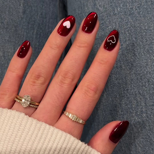 Romantic Elegance Short Oval Burgundy Glossy Press-On Nail Set with Heart Accent Design