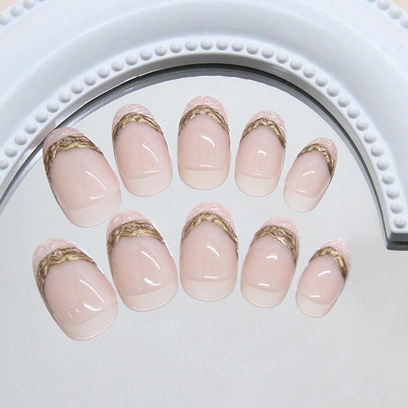 Glamorous Elegance Short Oval Pink Press On Nail Set with Gold Accent Design
