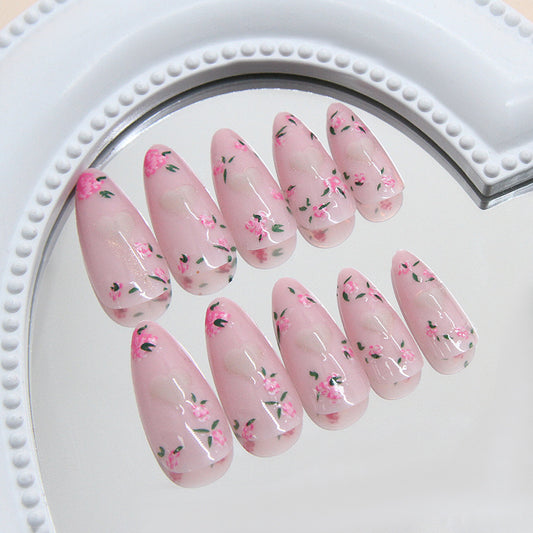 Vintage Blossom Medium Almond Pink Floral Nail Set with Elegant Botanical Design