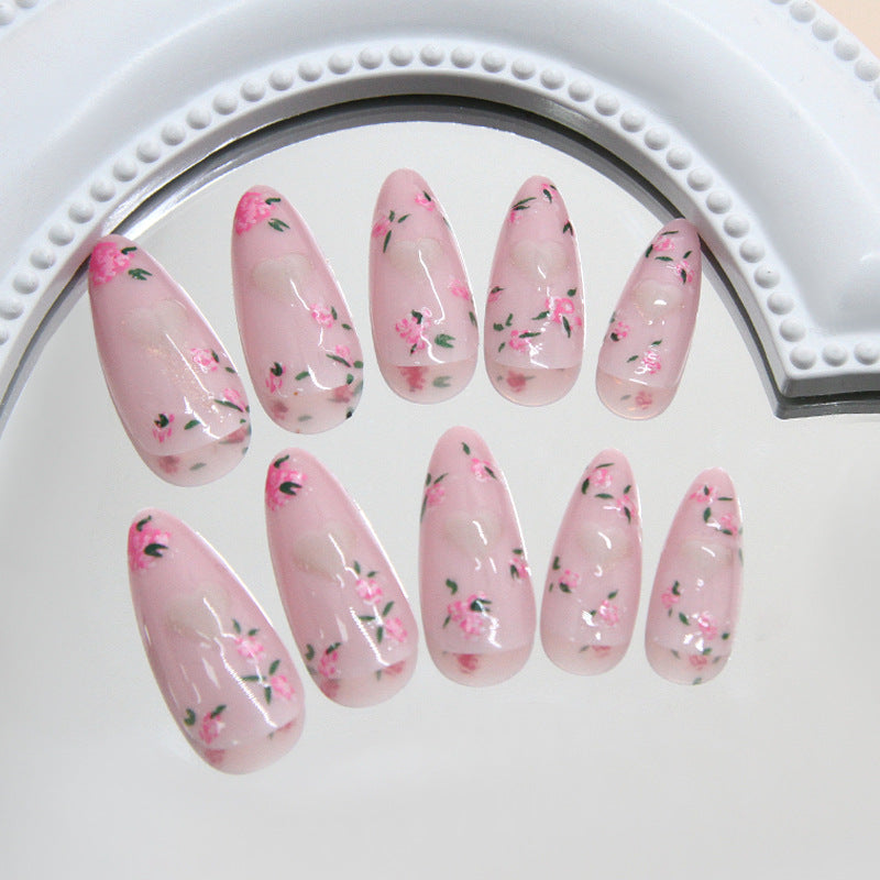 Blossom Elegance Medium Almond Pink Floral Press On Nail Set with High Gloss Finish