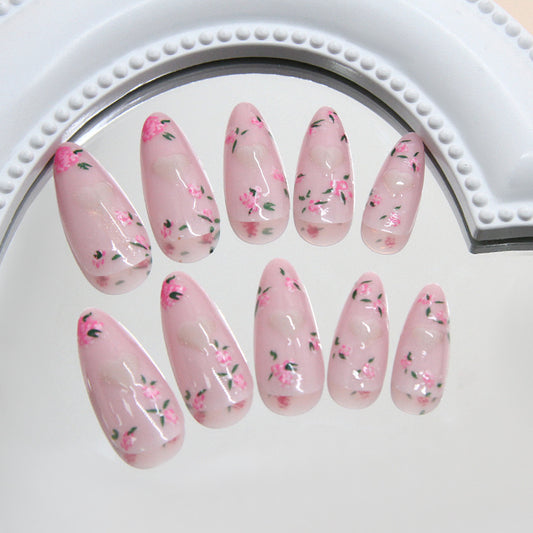 Blossom Elegance Medium Almond Pink Floral Press On Nail Set with High Gloss Finish