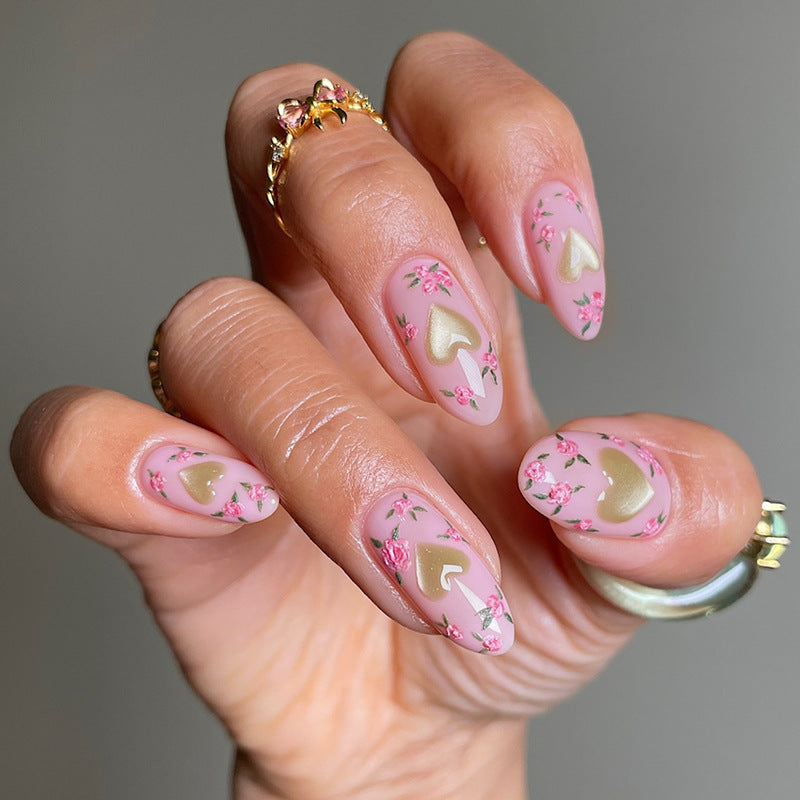 Romantic Blossoms Medium Almond Pink with Charming Heart and Floral Accents Press On Nail Set