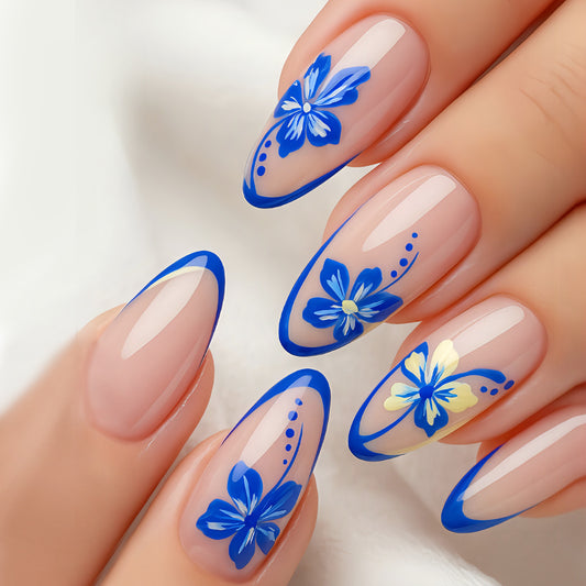 Garden Delight Elegant Long Almond Blue Floral Press On Nail Set