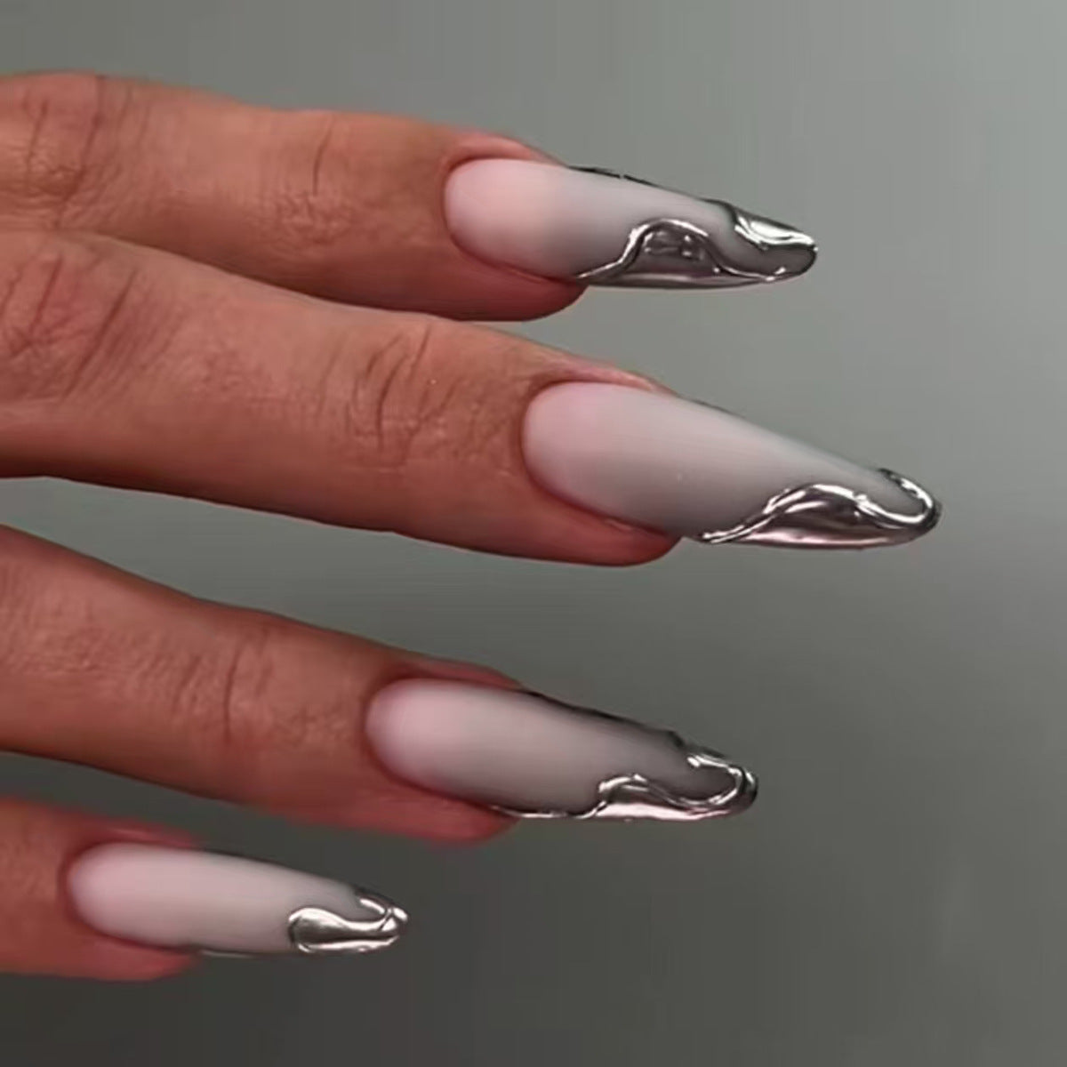 Cosmic Elegance Long Stiletto Gradient Gray and Silver Metallic Drip Press On Nail Set