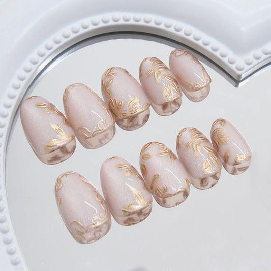 Elegance in Bloom Soft Pink Short Oval Press On Nail Set with Golden Leaf Accents