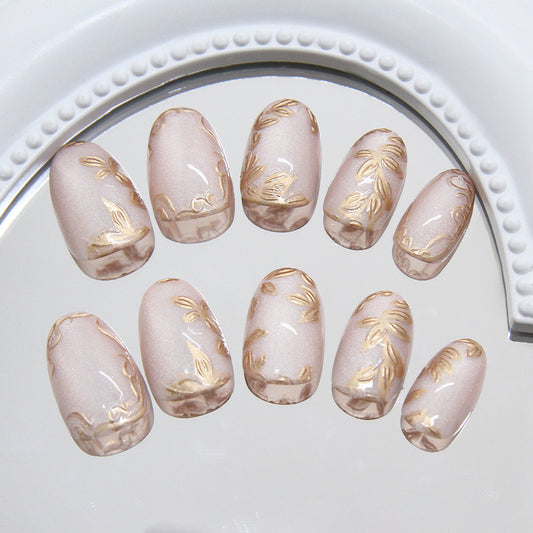 Glamorous Elegance Short Oval Blush Pink with Gold Floral Accents Press on Nail Set