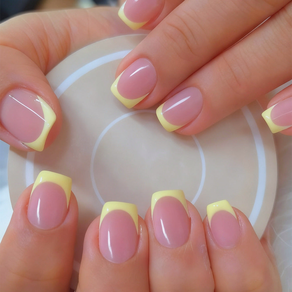 Sunny Delight Elegant Short Square Ombre Blush and Lemon Nail Set with Glossy Finish
