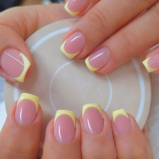 Sunny Delight Elegant Short Square Ombre Blush and Lemon Nail Set with Glossy Finish