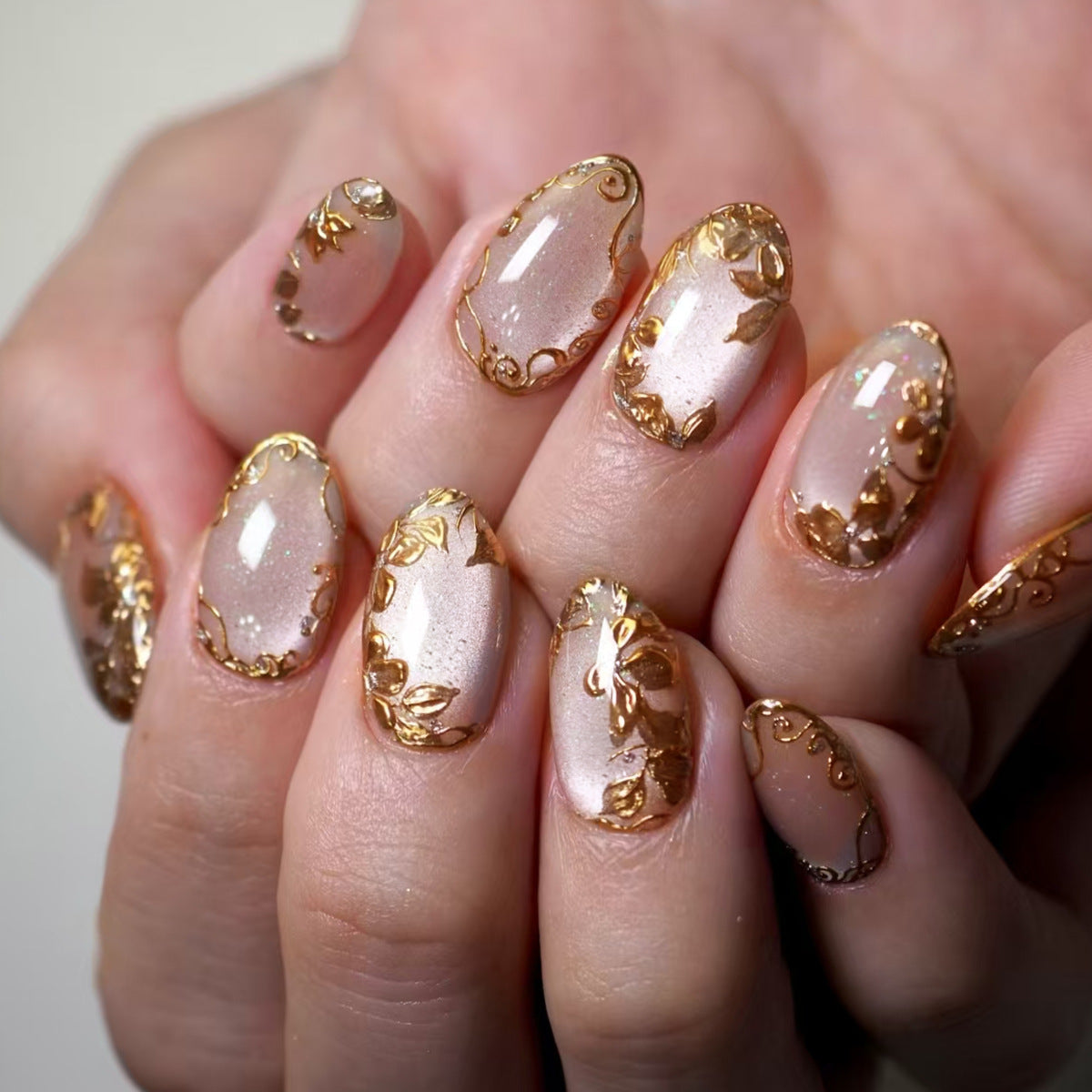 Enchanted Elegance Short Oval Beige Gold Foil Floral Design Press On Nail Set