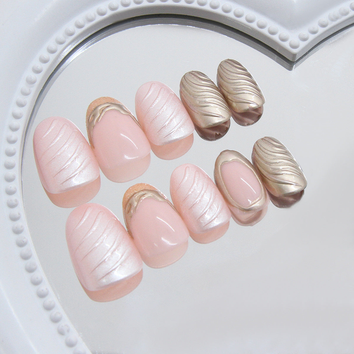Elegant Ocean Breeze Short Oval Soft Pink and Metallic Gold Textured Press On Nail Set