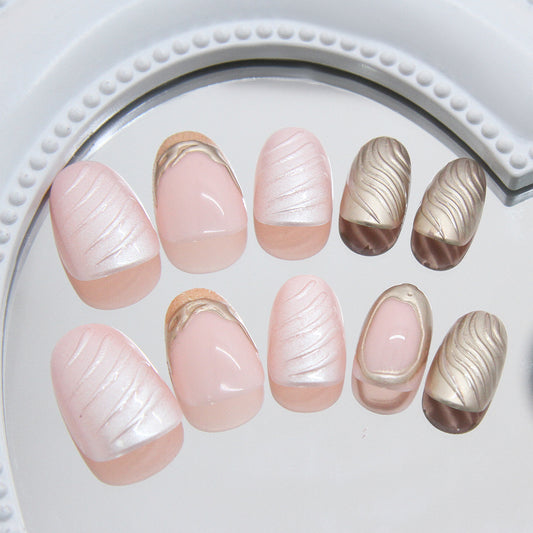 Whimsical Elegance Short Oval Blush Pink and Metallic Swirl Nail Set